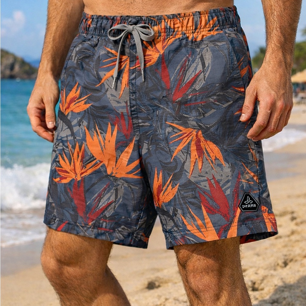 Prana Tropical Print Swim Shorts Men’s Large Drawstring Beach Surf Board Shorts